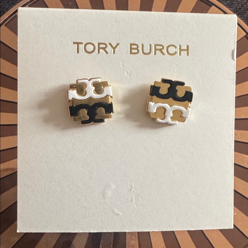Tory Burch Earrings Black White Logo Studs NEW $129